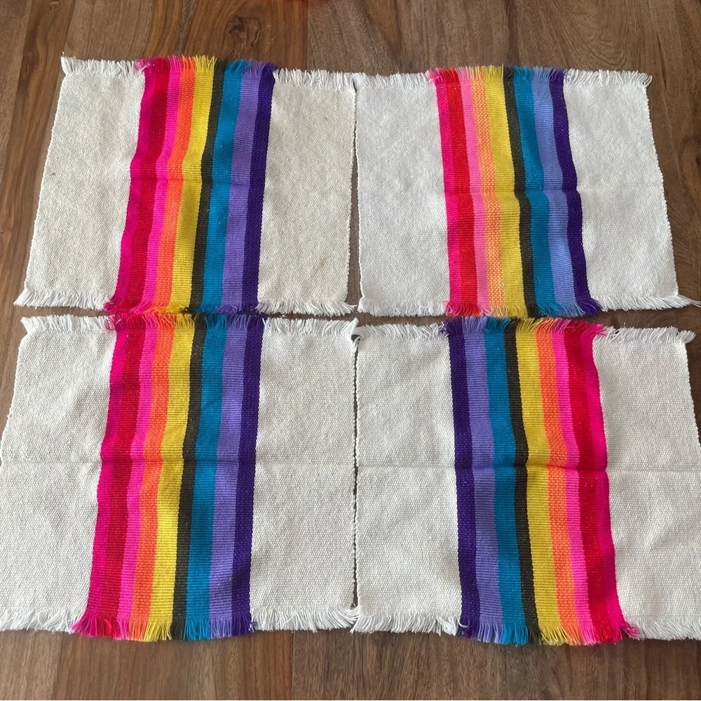 Striped Rainbow Fringe Edge Placemat Square Corners Set of 4 Picnic Retro Bright
